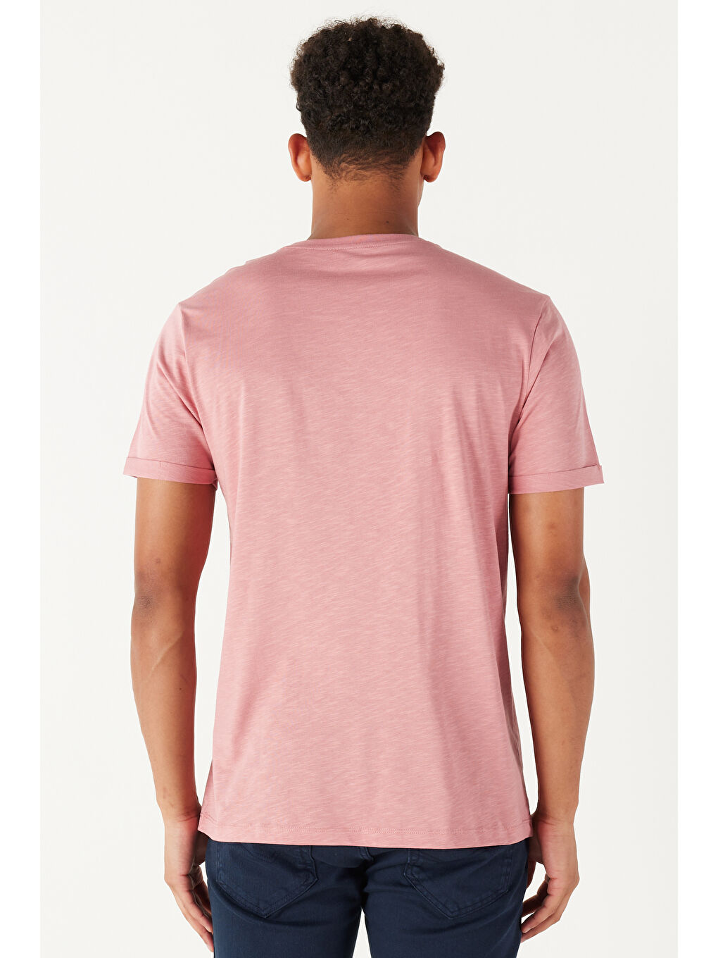 Pembe Erkek Gül Kurusu Dar Kesim %100 Pamuk Bisiklet Yaka Cepli Tişört-4