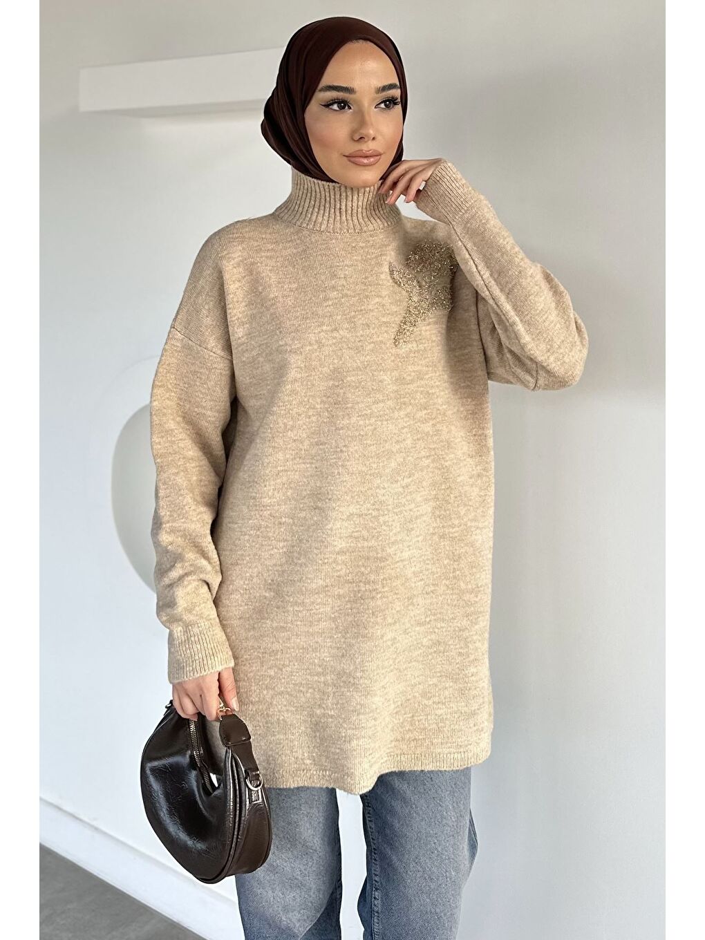 Bej Gülseli Boğazlı Tesettür Triko Tunik-5