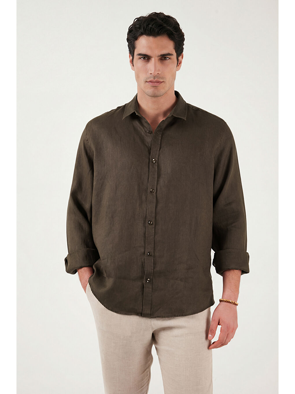 Kahverengi Pamuklu Regular Fit Klasik Yaka Uzun Kollu % 100 Keten Gömlek CF26S1210000-4