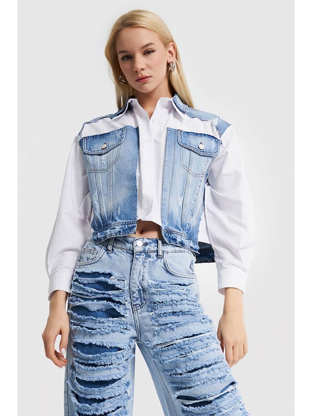 it's basic Eflatun-Beyaz Kadın Beyaz jean Rengi Çift Parçalı Tasarım Denim Gömlek