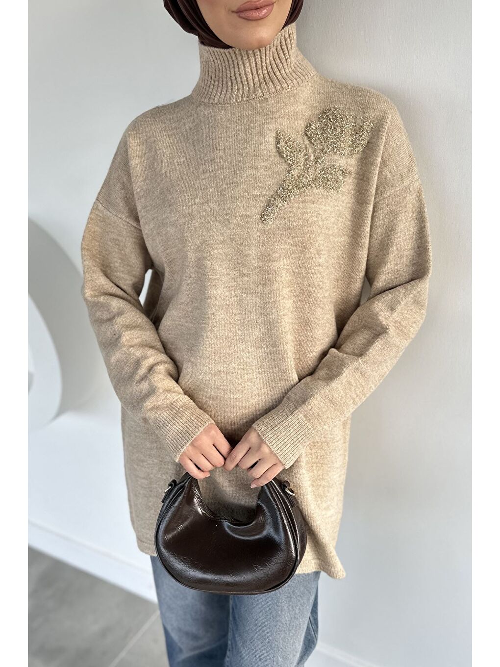 Bej Gülseli Boğazlı Tesettür Triko Tunik-7