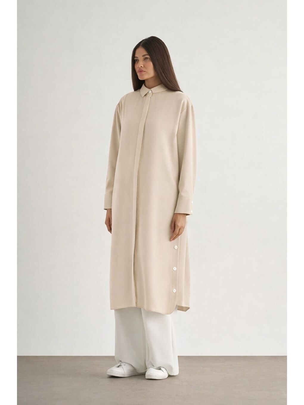 Mizallle Çıtçıtlı Uzun Yazlık Bej Rengi Tunik-1