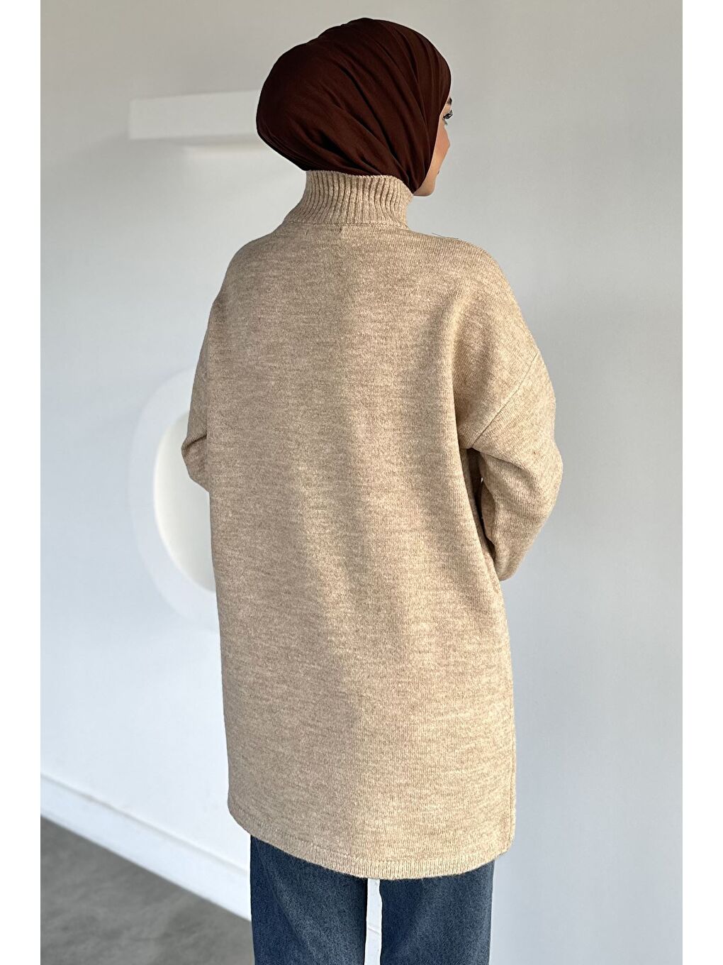 Bej Gülseli Boğazlı Tesettür Triko Tunik-8