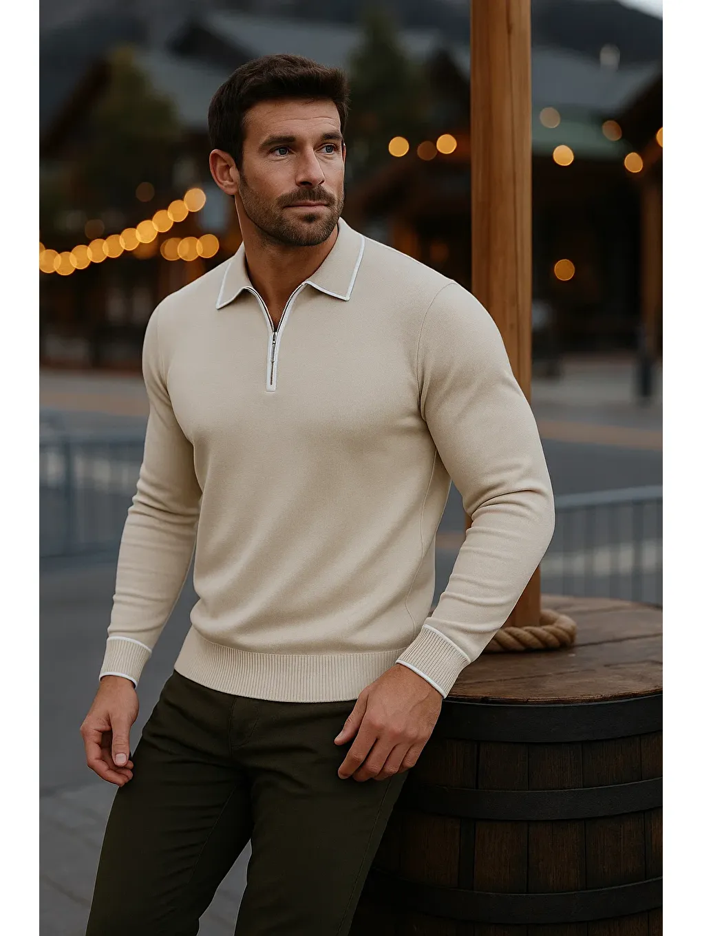 Erkek Günlük Uzun Kollu Bej Polo Yaka Kazak