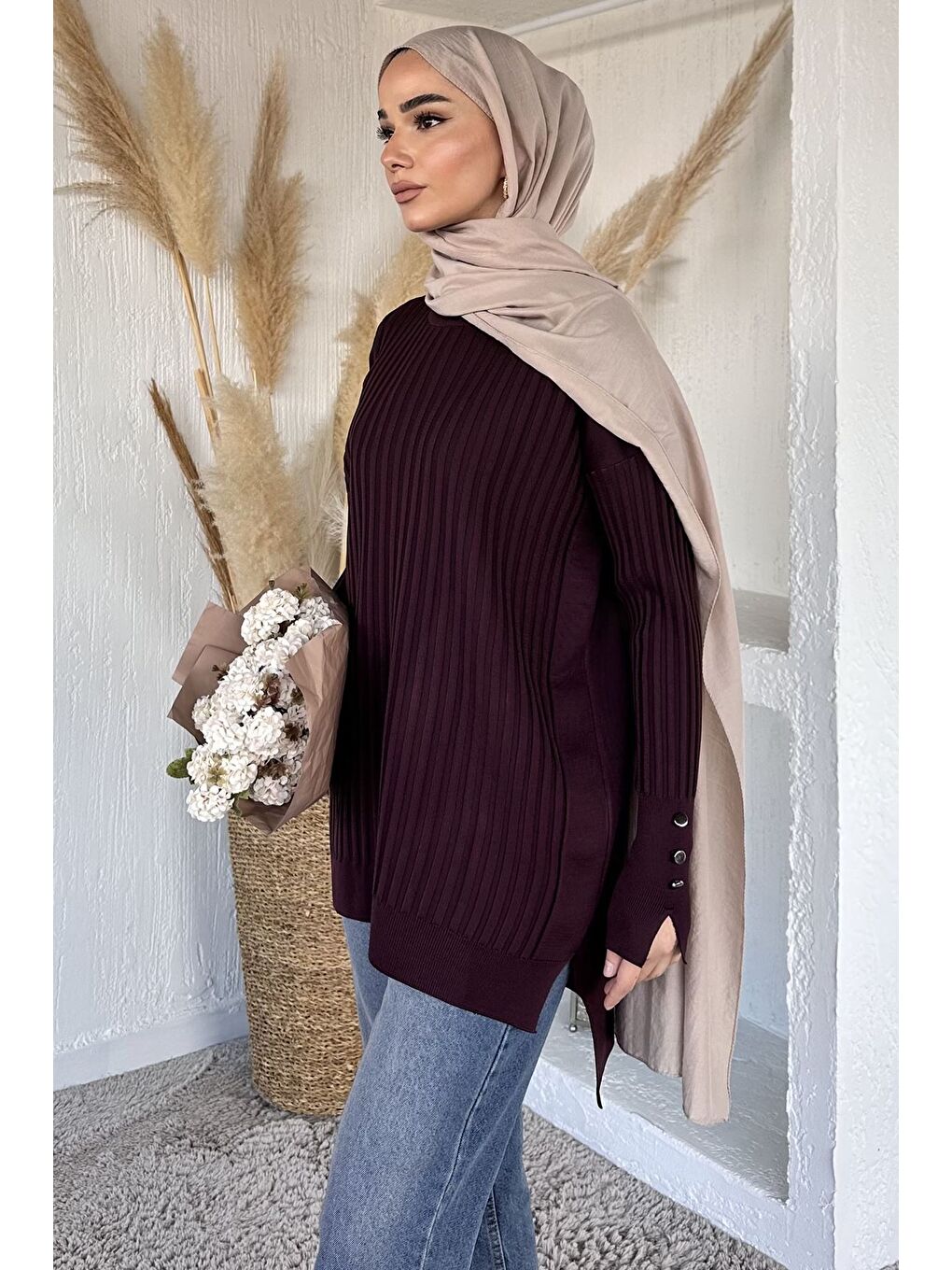 Bordo Gülseli Bisiklet Yaka Tesettür Triko Tunik-2