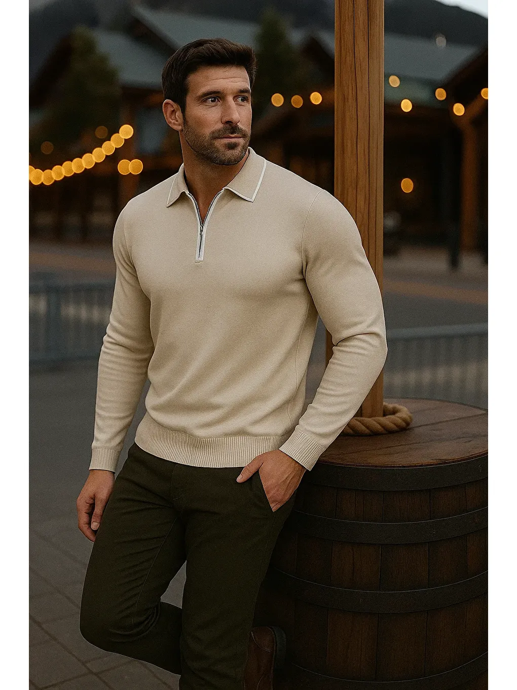 Erkek Günlük Uzun Kollu Bej Polo Yaka Kazak-2