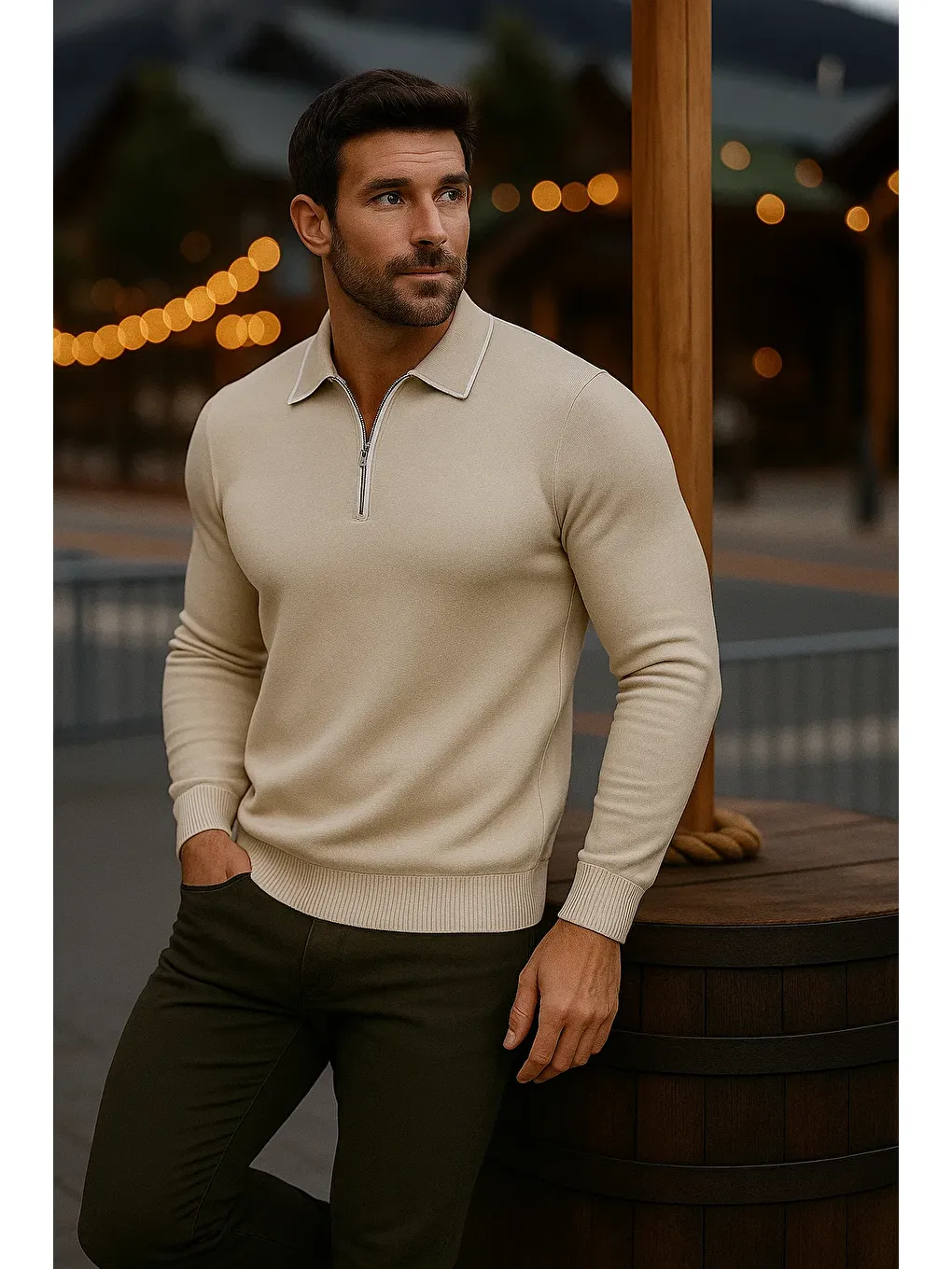 Erkek Günlük Uzun Kollu Bej Polo Yaka Kazak-3