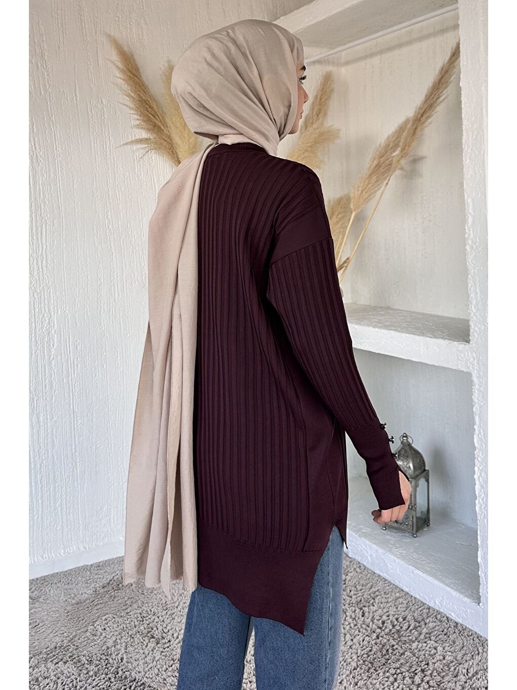 Bordo Gülseli Bisiklet Yaka Tesettür Triko Tunik-5