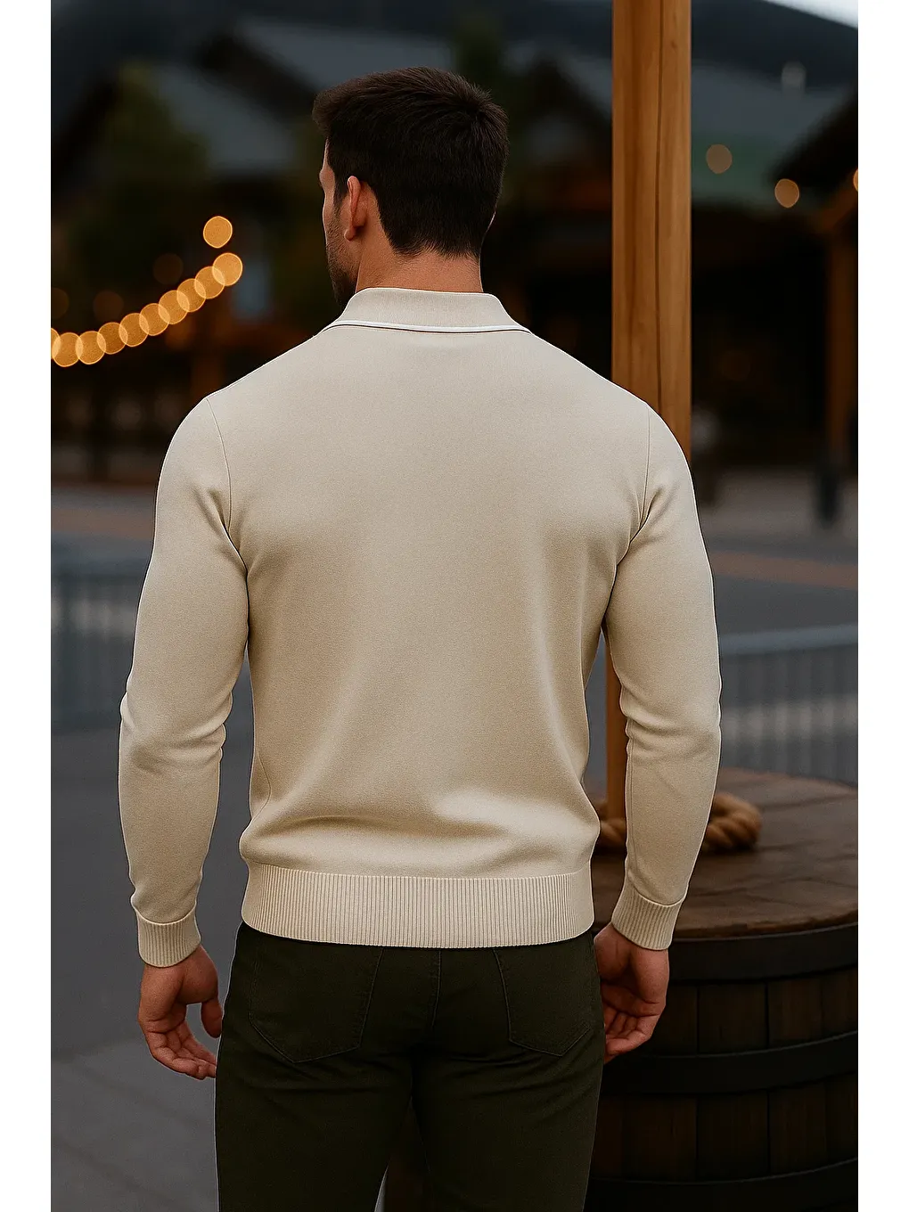 Erkek Günlük Uzun Kollu Bej Polo Yaka Kazak-4
