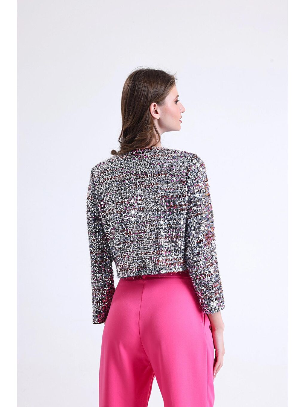 Gri Bisiklet Yaka Uzun Kollu Payet İşlemeli Kısa Kesim Bluz SU-33-4