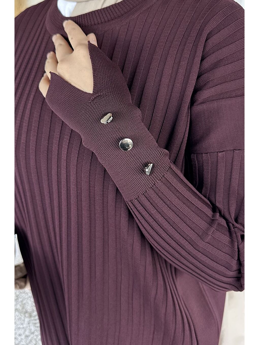 Bordo Gülseli Bisiklet Yaka Tesettür Triko Tunik-7