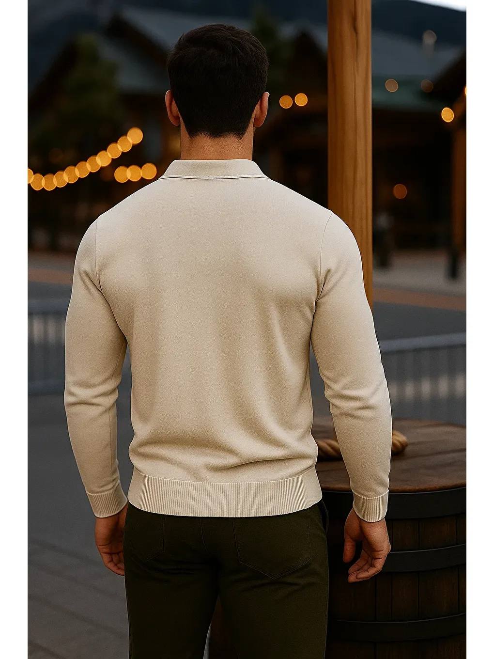 Erkek Günlük Uzun Kollu Bej Polo Yaka Kazak-5