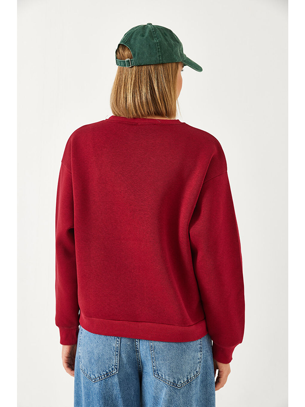 Bordo Kadın Üç İplik Şardonlu Baskılı Sweatshirt-1