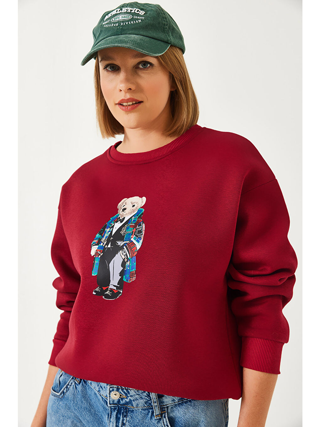 Bordo Kadın Üç İplik Şardonlu Baskılı Sweatshirt-2