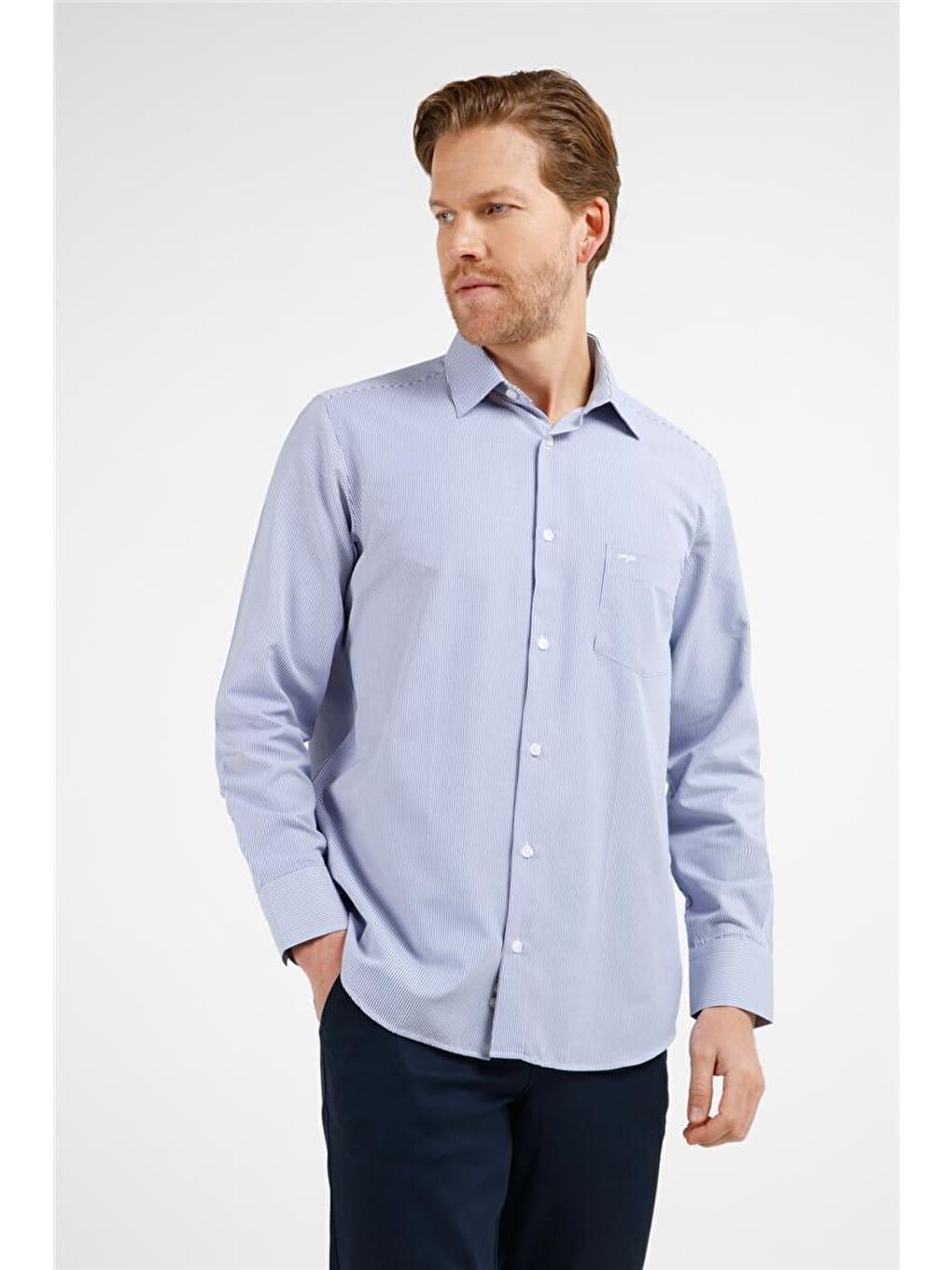 Lacivert - Beyaz Çizgili Desen Sert Yaka Uzun Kol Cepli Comfort Fit Pamuklu Gömlek 1004255280