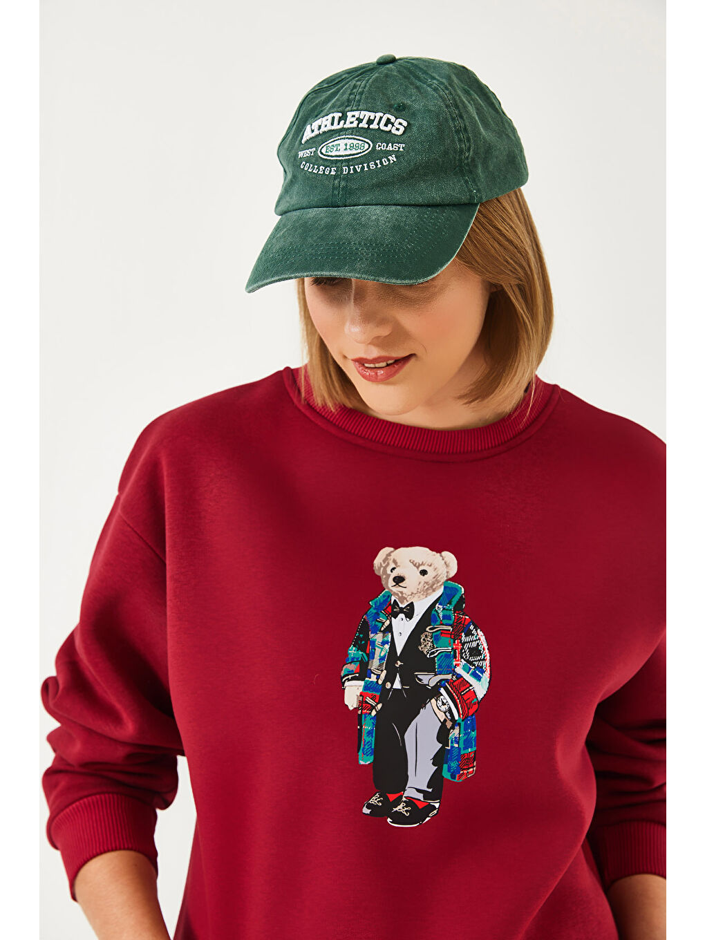 Bordo Kadın Üç İplik Şardonlu Baskılı Sweatshirt-4