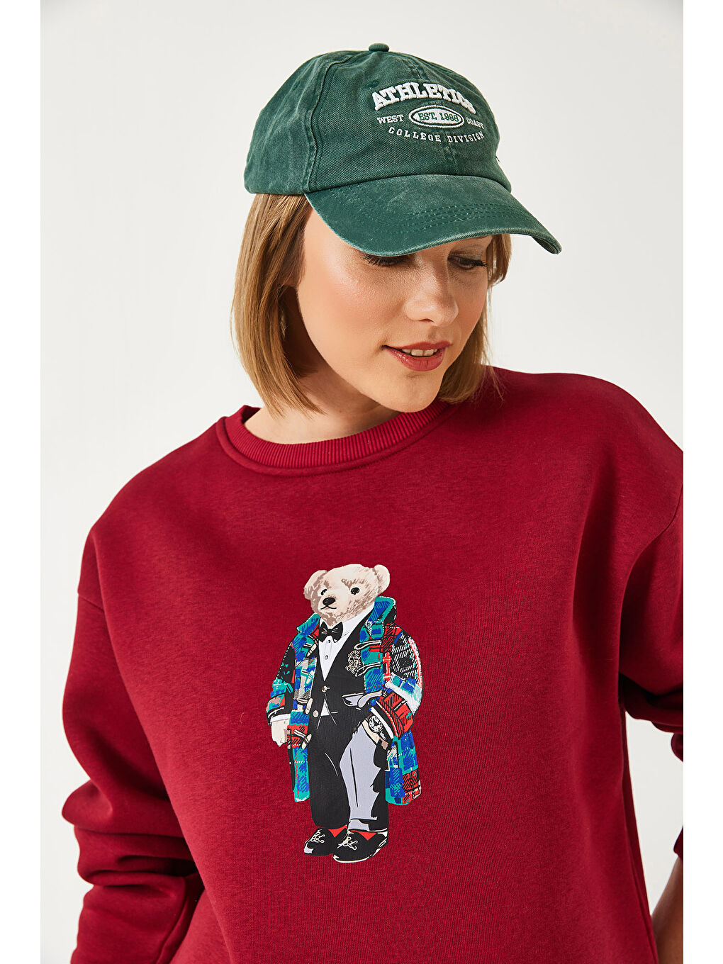 Bordo Kadın Üç İplik Şardonlu Baskılı Sweatshirt-5