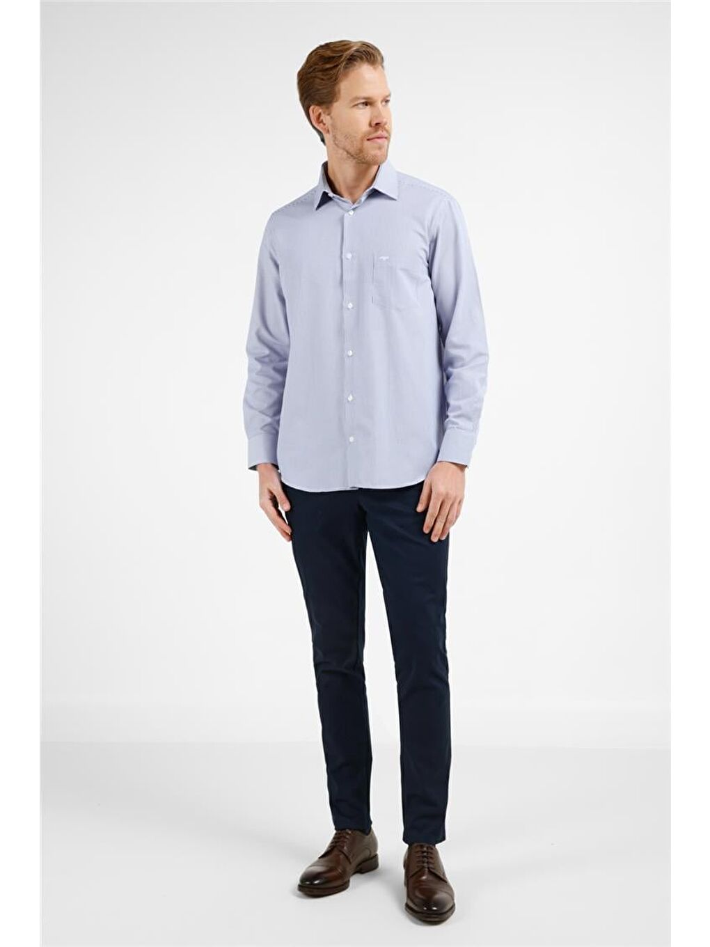 Lacivert - Beyaz Çizgili Desen Sert Yaka Uzun Kol Cepli Comfort Fit Pamuklu Gömlek 1004255280-1