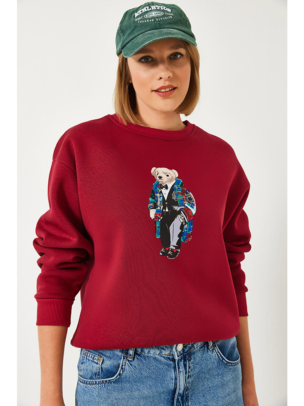 Bordo Kadın Üç İplik Şardonlu Baskılı Sweatshirt-6