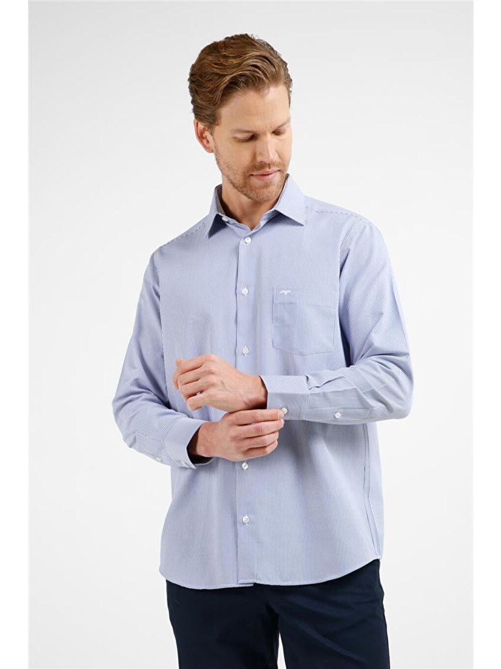 Lacivert - Beyaz Çizgili Desen Sert Yaka Uzun Kol Cepli Comfort Fit Pamuklu Gömlek 1004255280-2