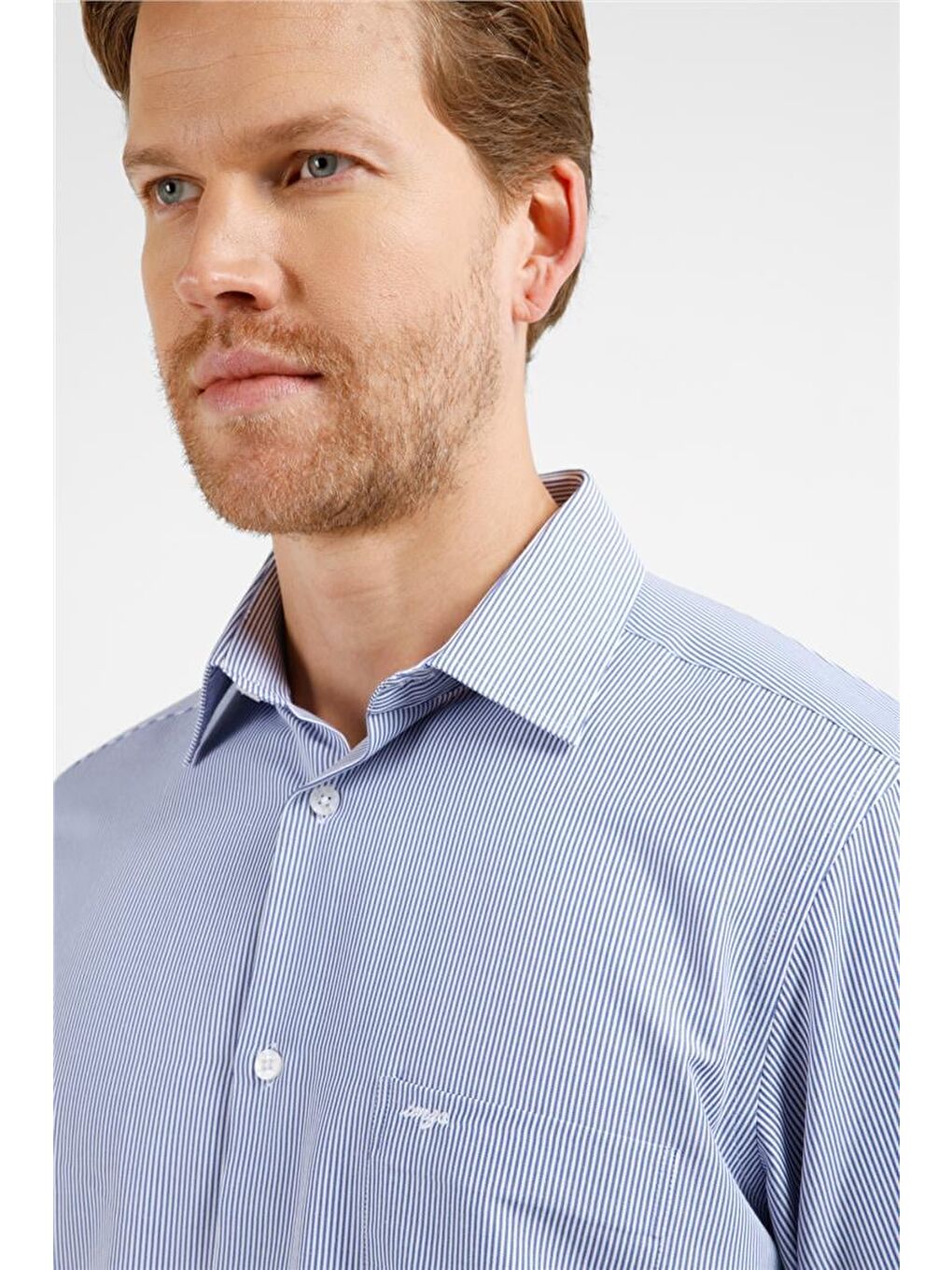 Lacivert - Beyaz Çizgili Desen Sert Yaka Uzun Kol Cepli Comfort Fit Pamuklu Gömlek 1004255280-3