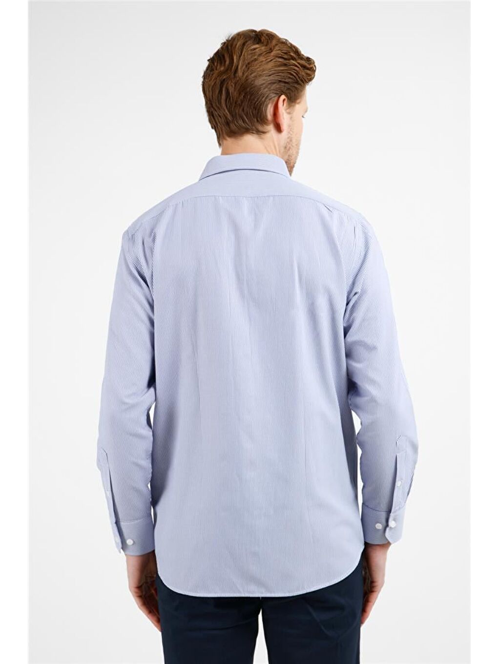 Lacivert - Beyaz Çizgili Desen Sert Yaka Uzun Kol Cepli Comfort Fit Pamuklu Gömlek 1004255280-4