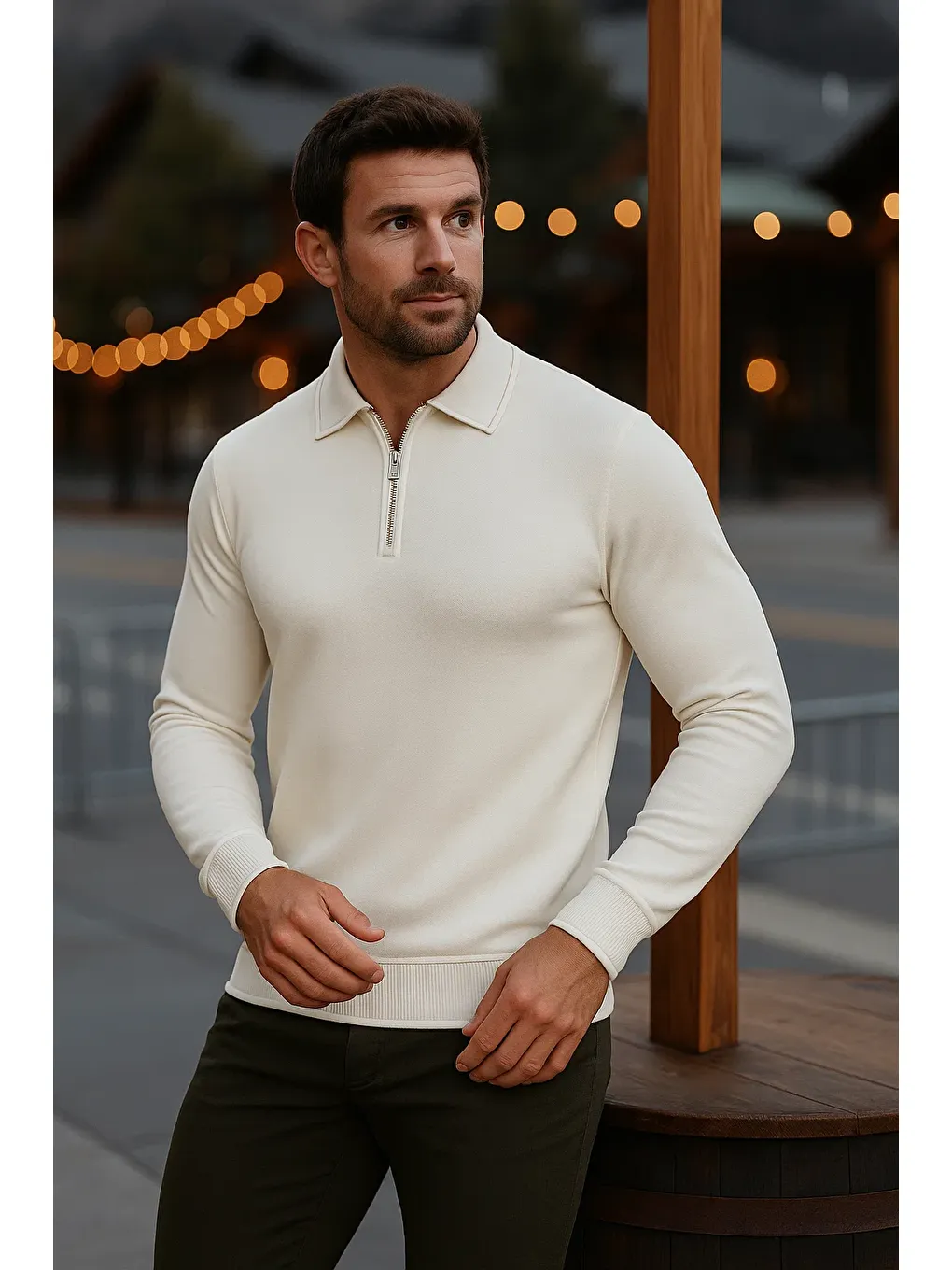 Ekru Erkek Günlük Uzun Kollu Krem Polo Yaka Kazak-1