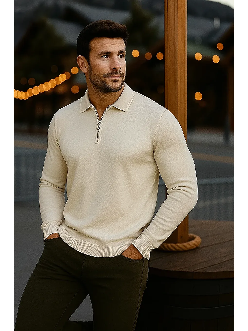 Ekru Erkek Günlük Uzun Kollu Krem Polo Yaka Kazak-2