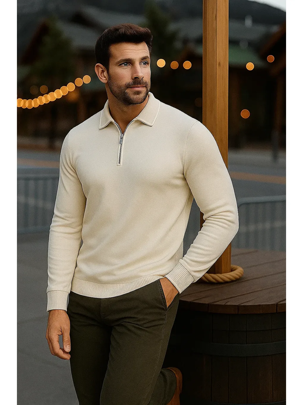 Ekru Erkek Günlük Uzun Kollu Krem Polo Yaka Kazak-3