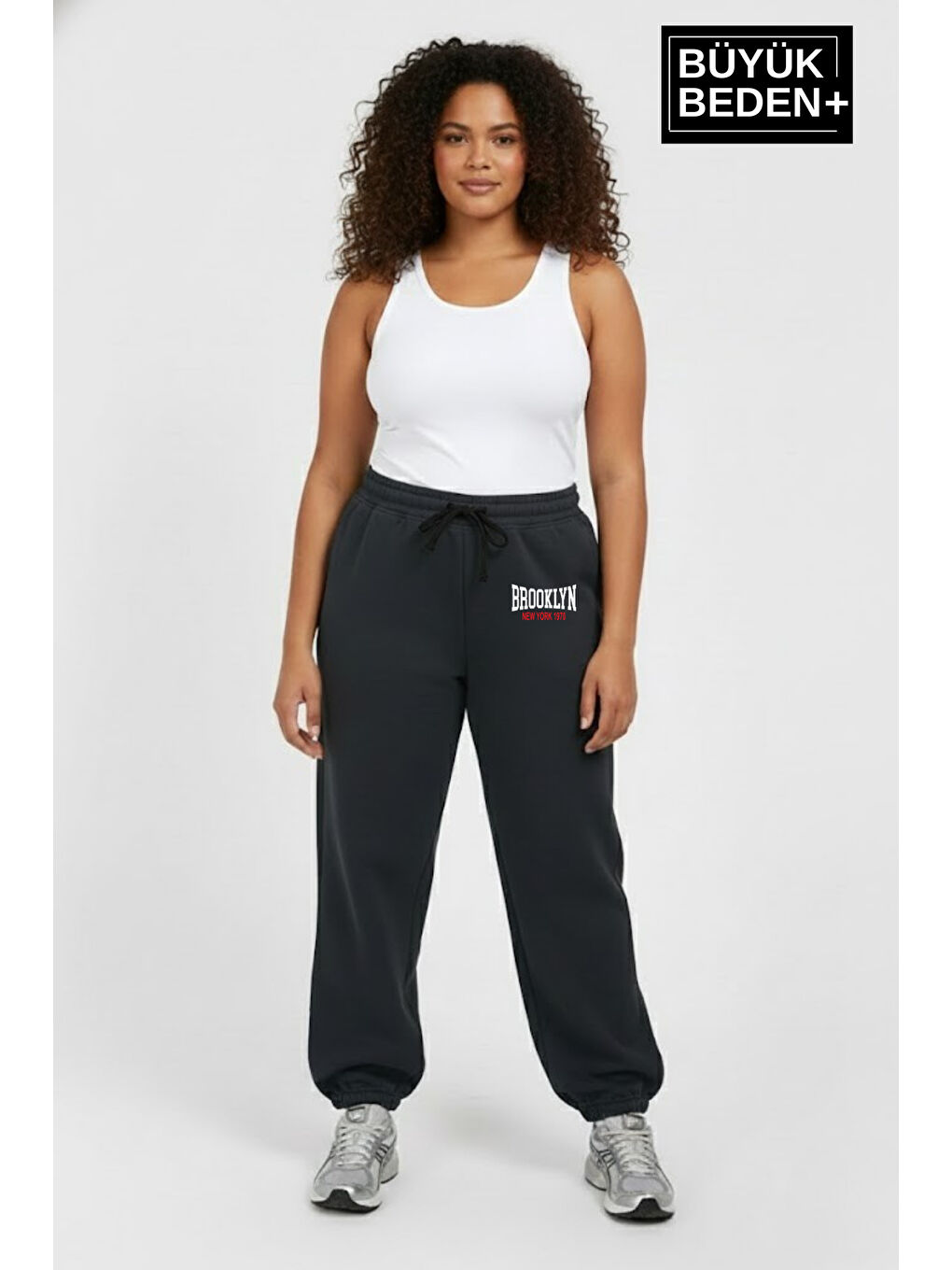 Gri Kadın Büyük Beden BROOKLYN 1970 Baskılı Paça Lastikli Jogger İnce Eşofman Altı SPR26BEAK951-3