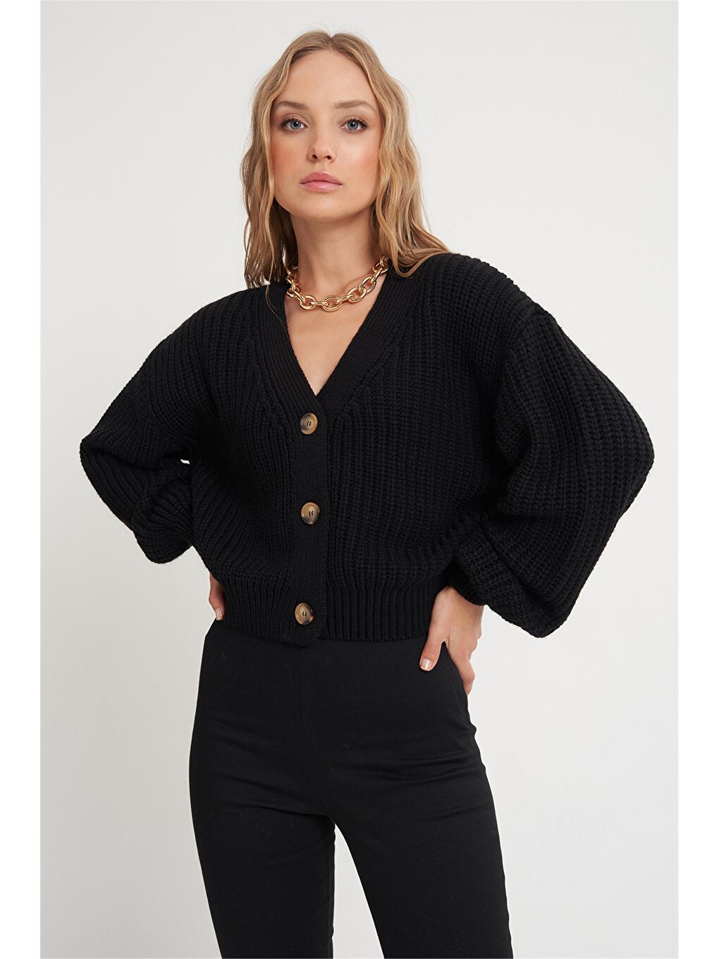 Siyah Selanik Örgü V Yaka Kalın Basic Hırka