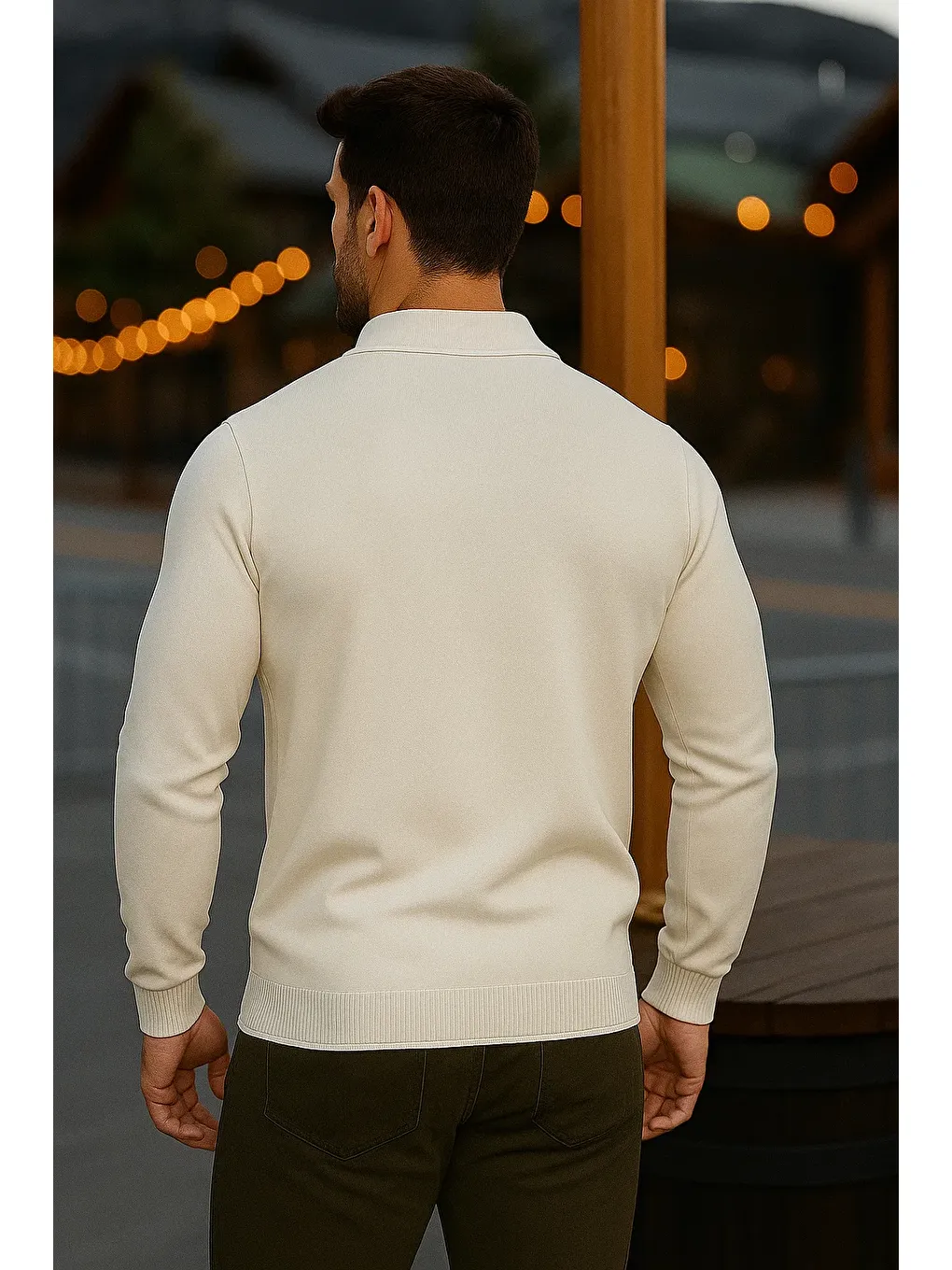 Ekru Erkek Günlük Uzun Kollu Krem Polo Yaka Kazak-4