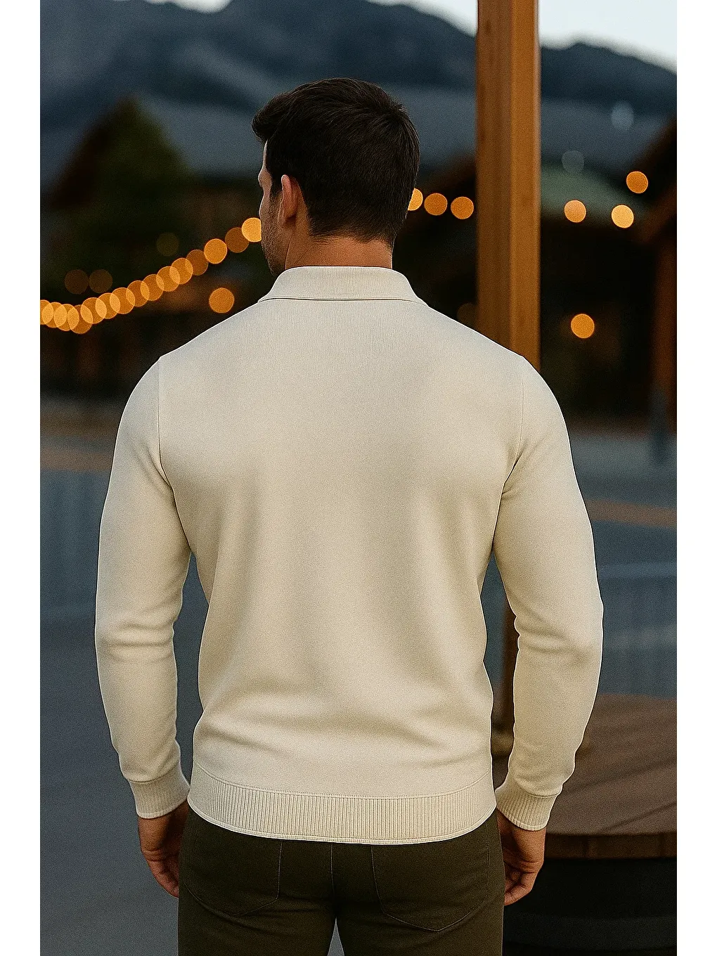 Ekru Erkek Günlük Uzun Kollu Krem Polo Yaka Kazak-5