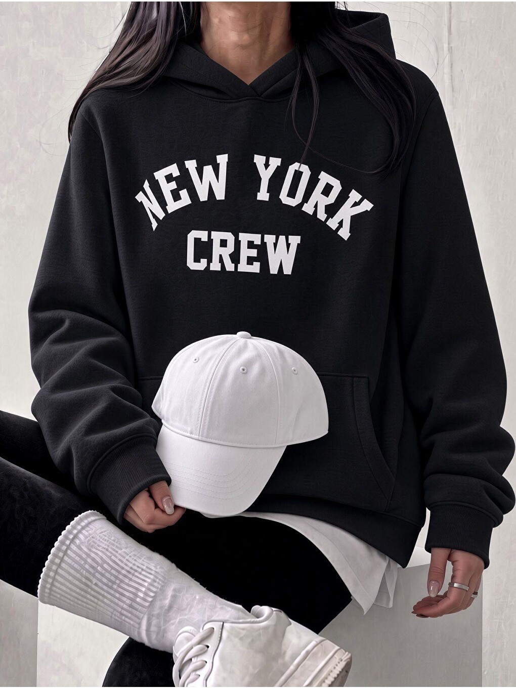 Siyah Sw Unisex Oversize "new York Crew" Baskılı Kapüşonlu Kanguru Cep Sweatshirt