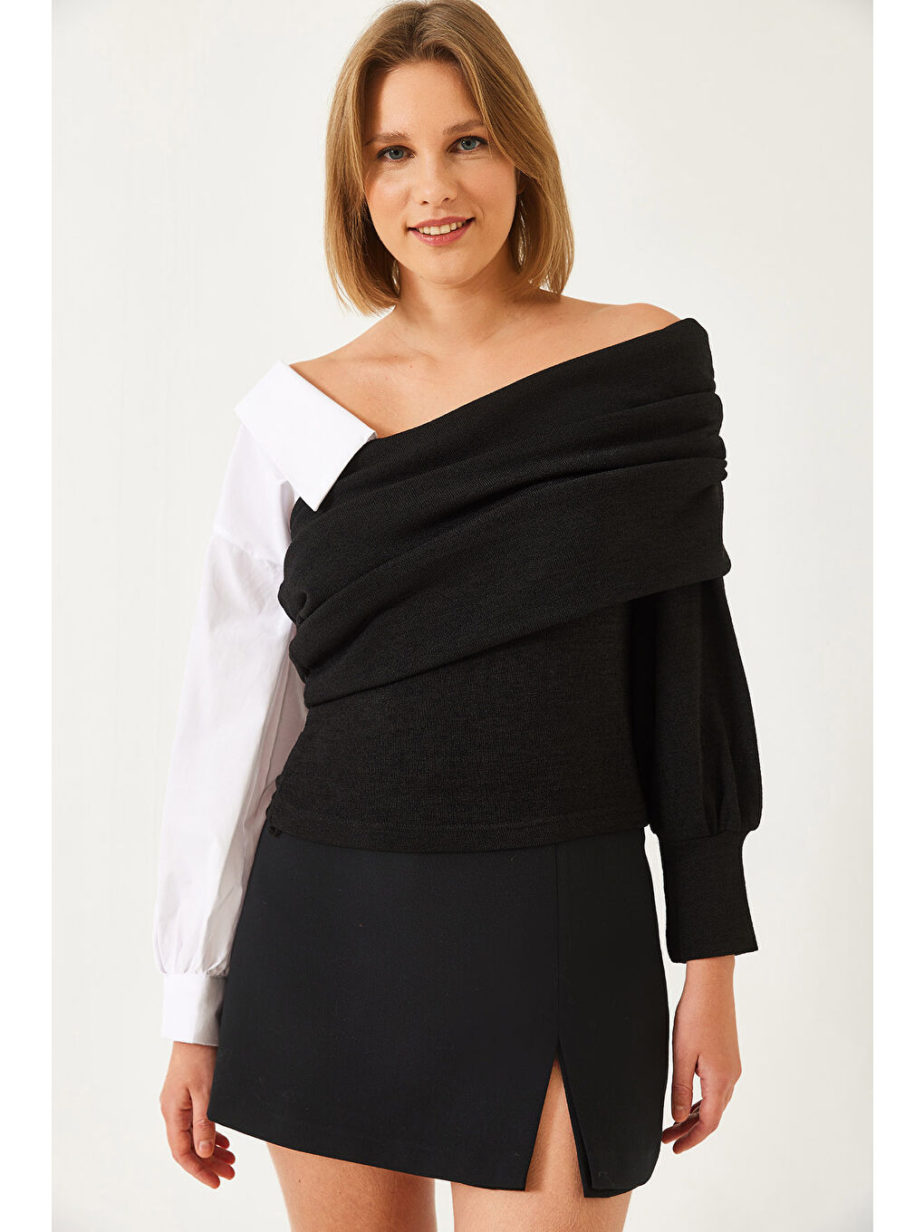 Siyah Kadın Gömlek Kollu Tasarım Triko Kazak-1