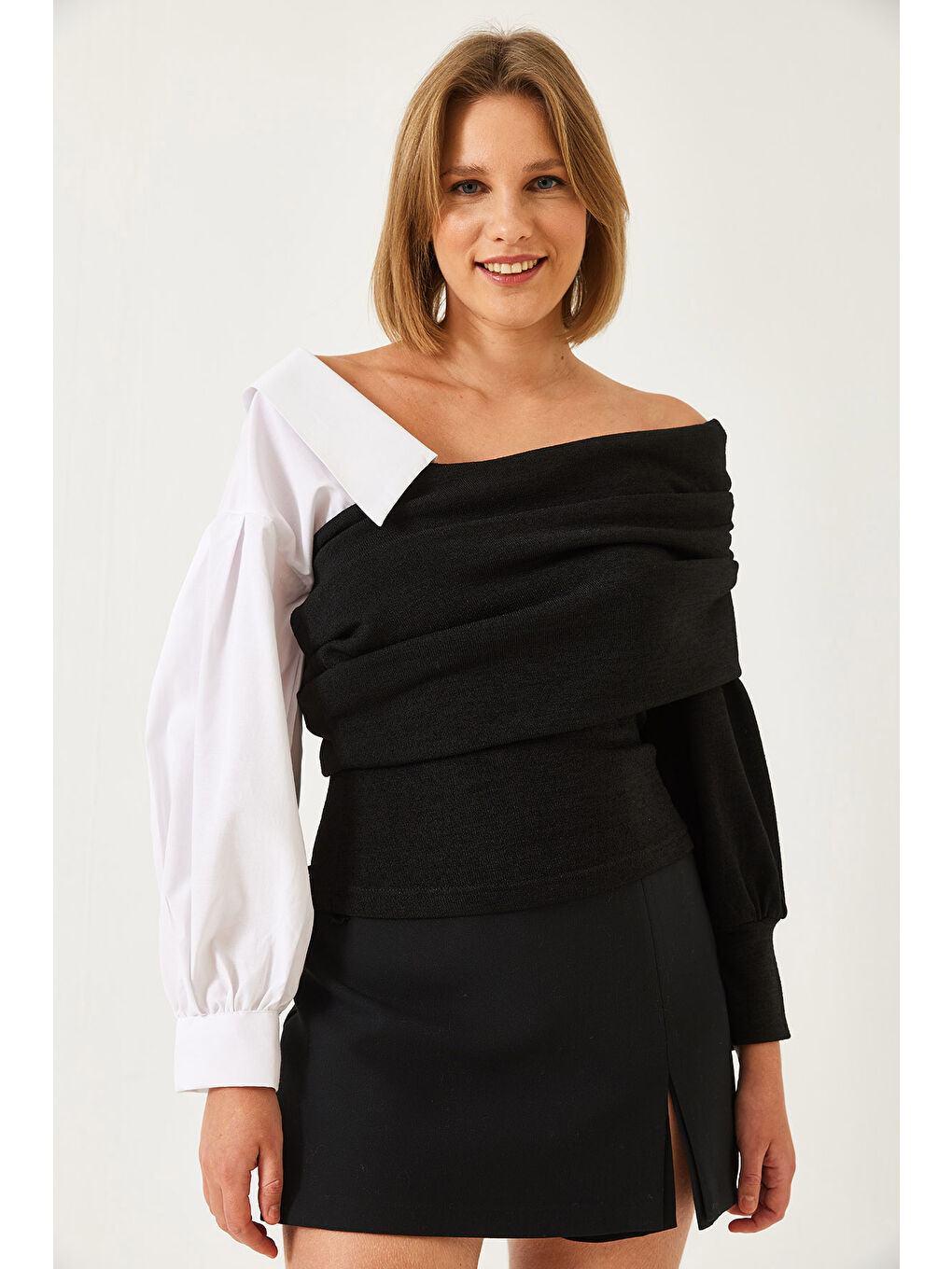 Siyah Kadın Gömlek Kollu Tasarım Triko Kazak-2