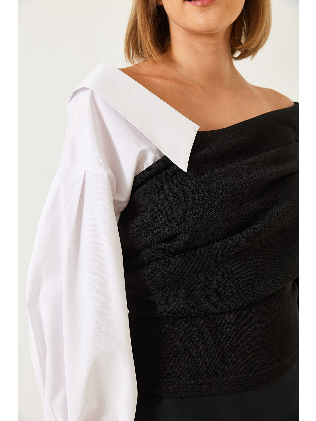 Siyah Kadın Gömlek Kollu Tasarım Triko Kazak-3