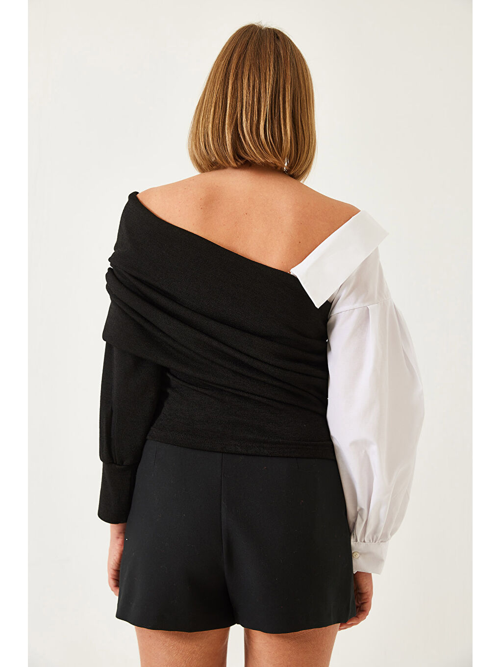 Siyah Kadın Gömlek Kollu Tasarım Triko Kazak-4