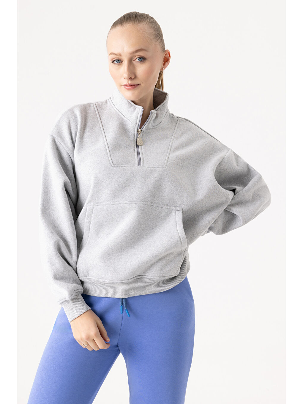 Kadın Gri Fermuarlı Oversize Sweatshirt