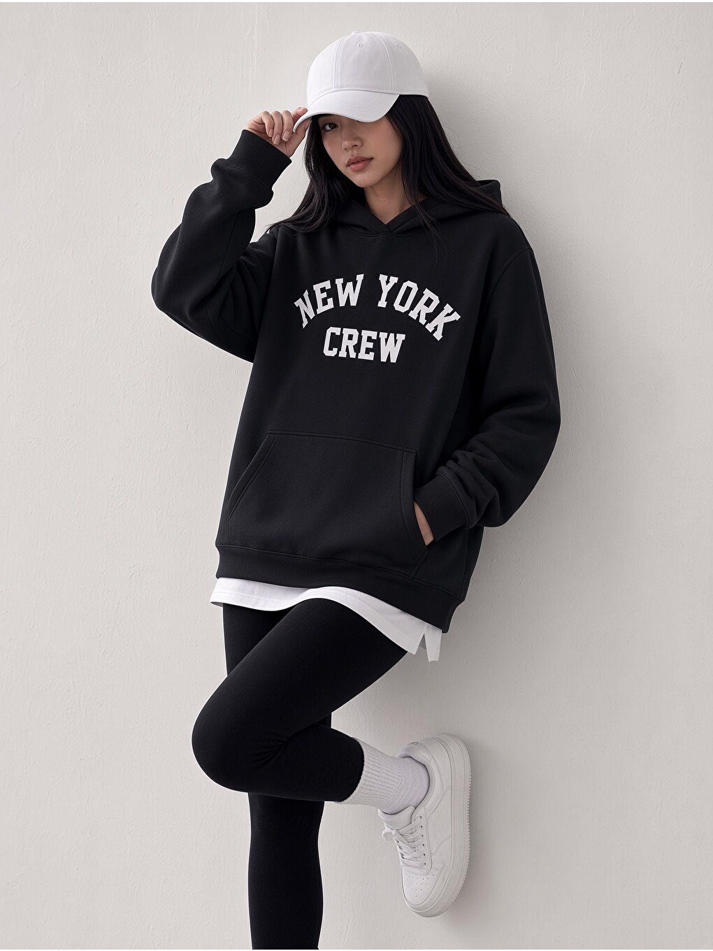 Siyah Sw Unisex Oversize "new York Crew" Baskılı Kapüşonlu Kanguru Cep Sweatshirt-1