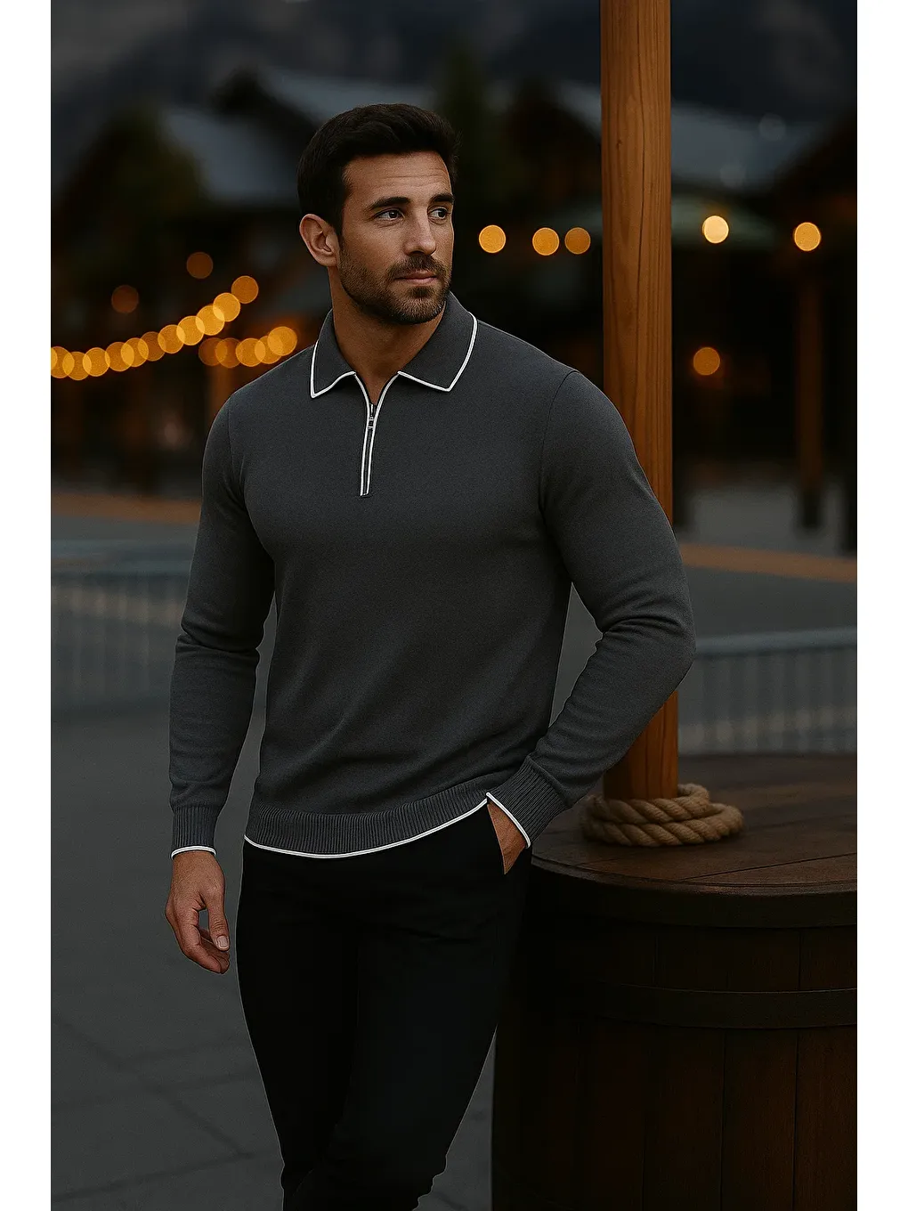Gri Erkek Günlük Uzun Kollu Füme Polo Yaka Kazak-2
