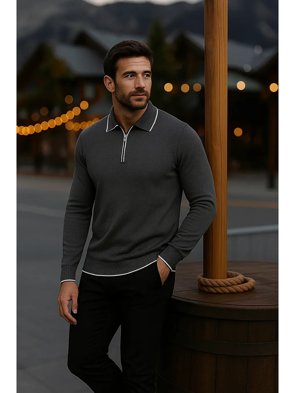 Gri Erkek Günlük Uzun Kollu Füme Polo Yaka Kazak-3