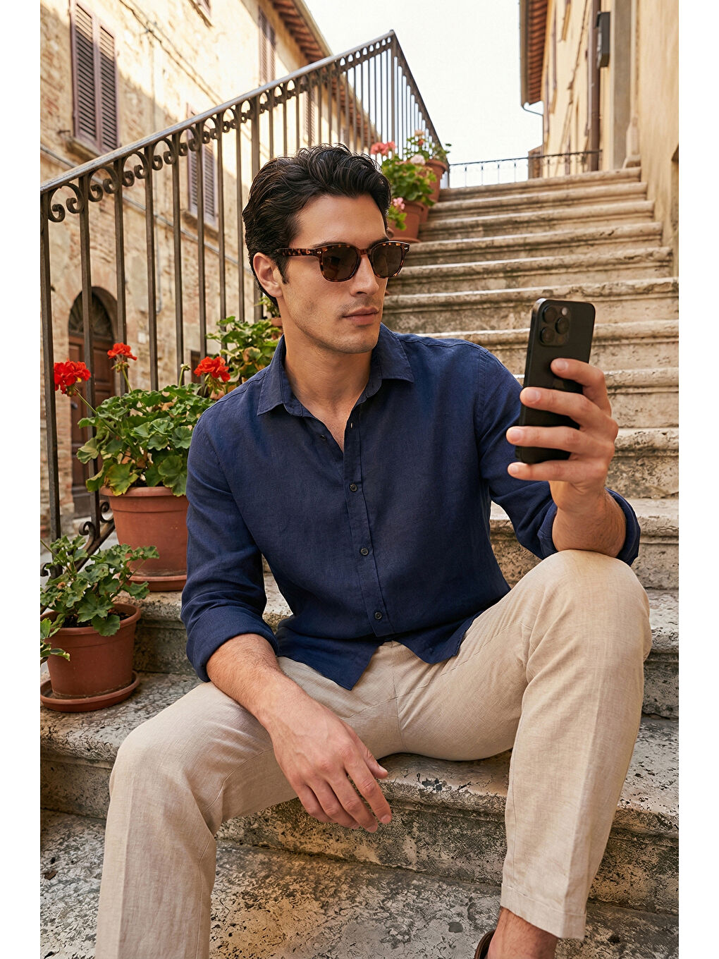 Lacivert Pamuklu Regular Fit Klasik Yaka Uzun Kollu % 100 Keten Gömlek CF26S1210000-1