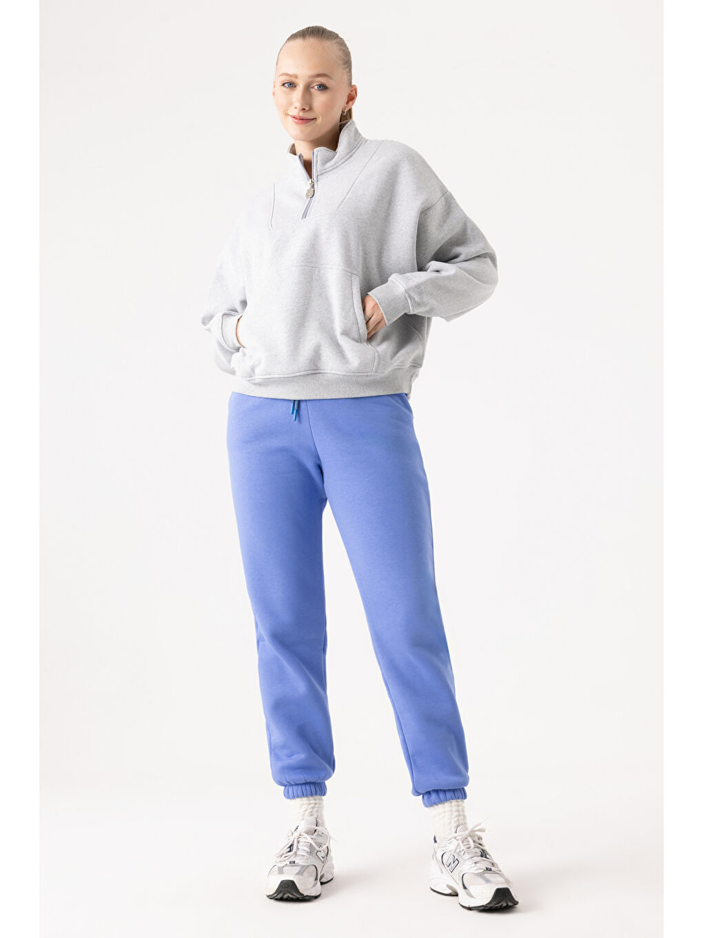 Kadın Gri Fermuarlı Oversize Sweatshirt-1