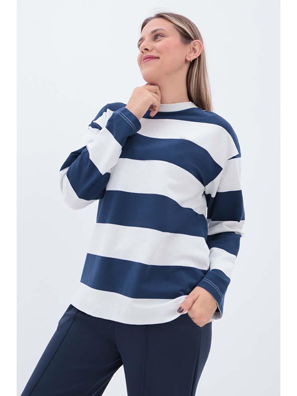 İndigo-Taş-Çizgili Sweatshirt