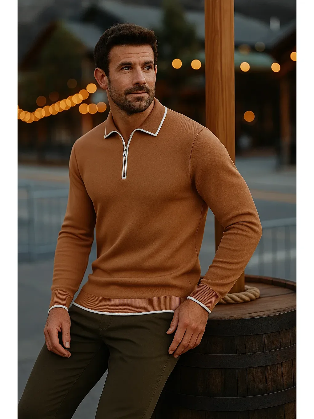 Kahverengi Erkek Günlük Uzun Kollu Kahve Polo Yaka Kazak