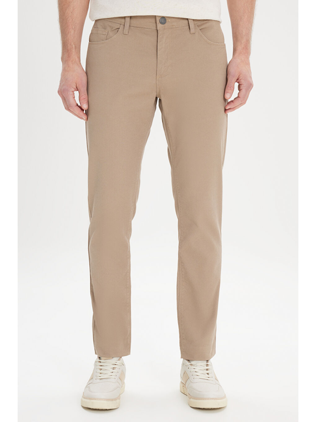 Erkek Bej Slim Fit Dar Kesim 5 Cep Armürlü Esnek Pantolon