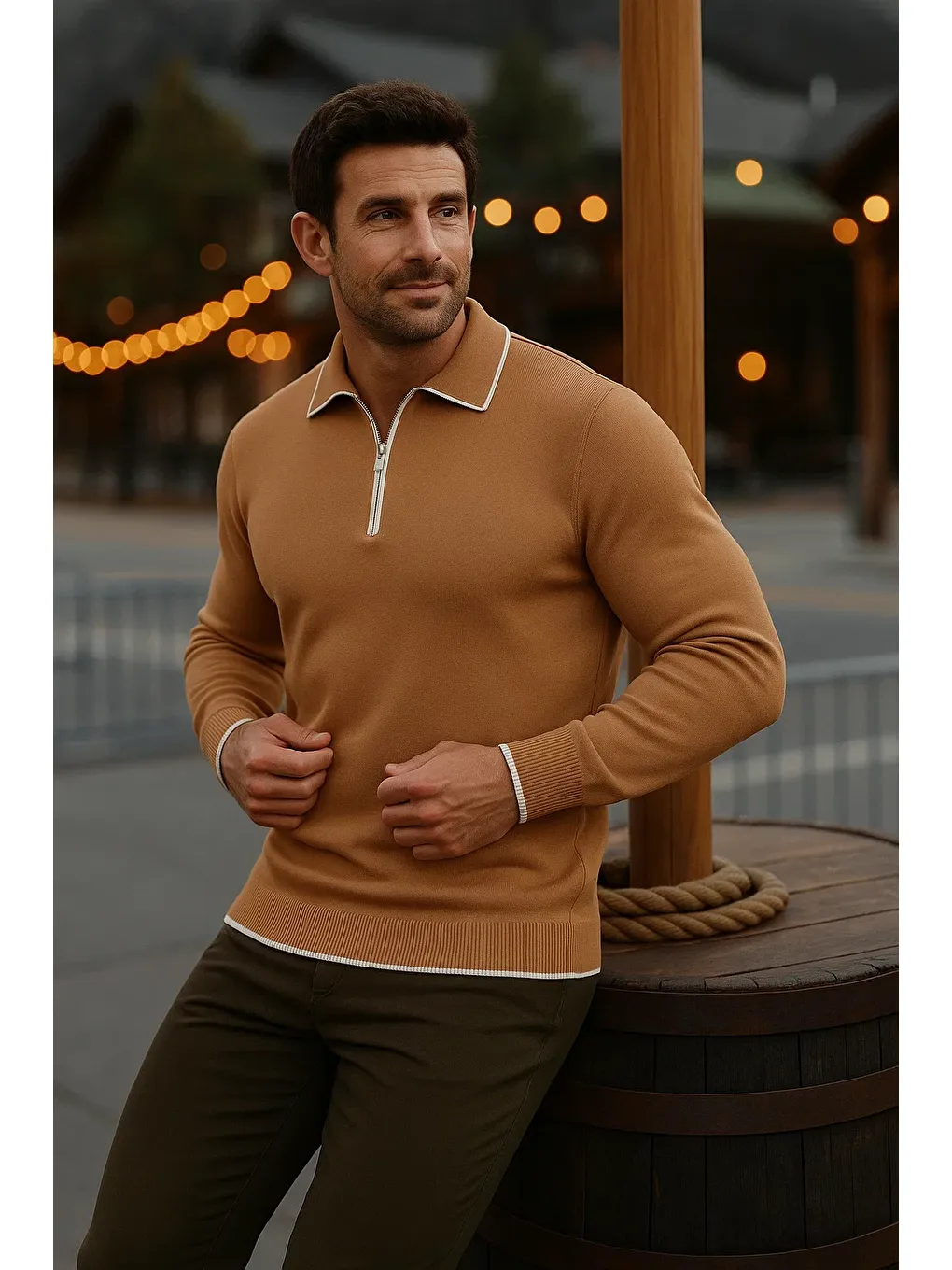 Kahverengi Erkek Günlük Uzun Kollu Kahve Polo Yaka Kazak-1