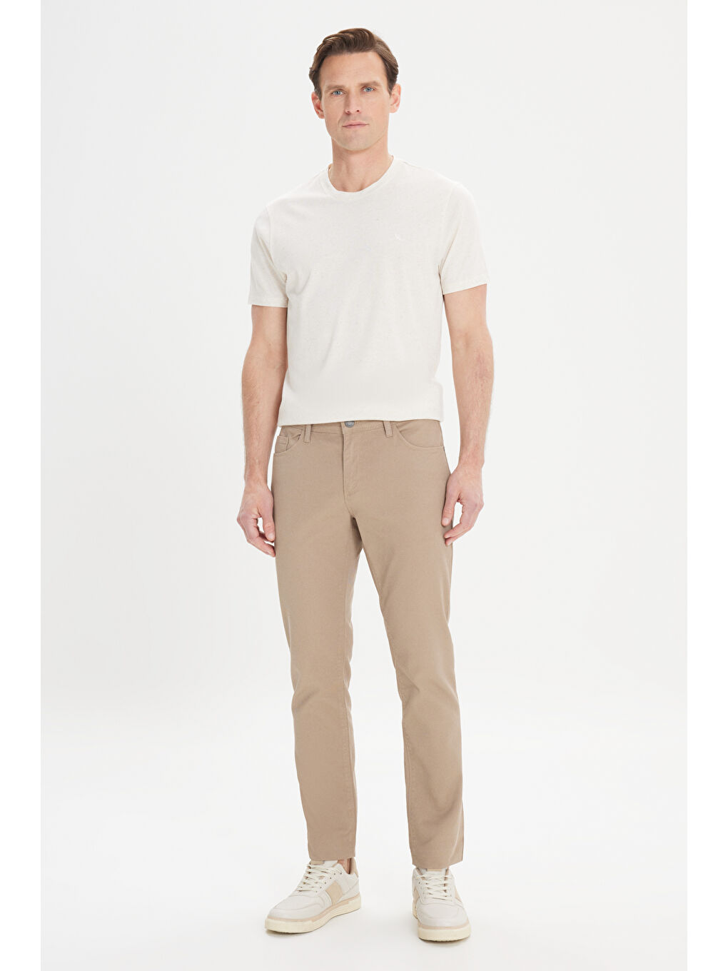 Erkek Bej Slim Fit Dar Kesim 5 Cep Armürlü Esnek Pantolon-1