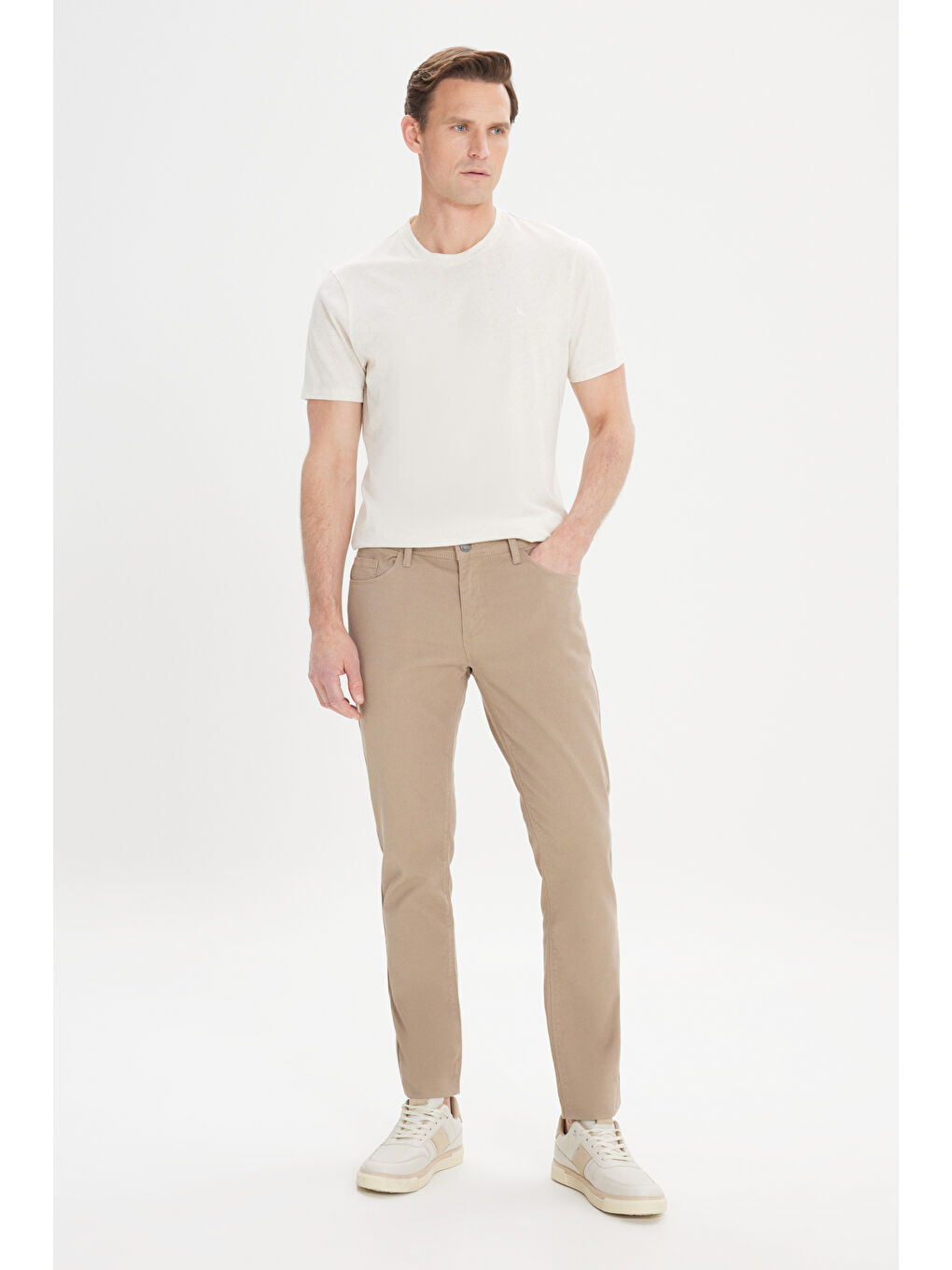Erkek Bej Slim Fit Dar Kesim 5 Cep Armürlü Esnek Pantolon-2